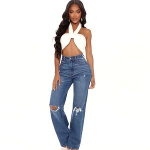 Fashion Nova Distressed Blue Wide Leg Jeans raw hem NWOT size 13